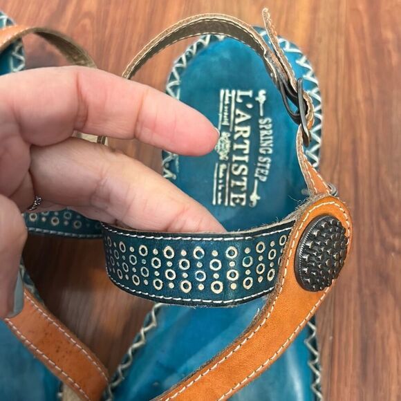 spring step L”Artiste Leather artisan sandals, size 36 turquoise and orange - Picture 2 of 5